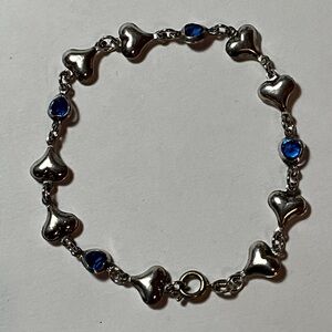 Sterling Silver Puff Heart Bracelet with Blue Gemstone Accents